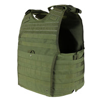 Thumbnail for The Caliber Armor EXO PLATE CARRIER GEN II in olive green features adjustable shoulder straps, webbing rows, and a front pocket for hard armor plates, shown on a plain white background.