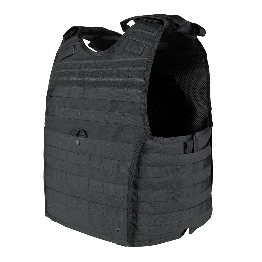 The Caliber Armor EXO Plate Carrier Gen II features adjustable shoulder straps, MOLLE webbing on the front and sides, open armholes, and holds hard armor plates, shown against a white background.