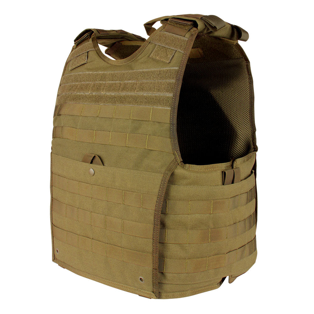 The Caliber Armor EXO PLATE CARRIER GEN II is a tan tactical vest with adjustable shoulder straps, front and side MOLLE webbing, and hard armor plate compatibility for enhanced protection.