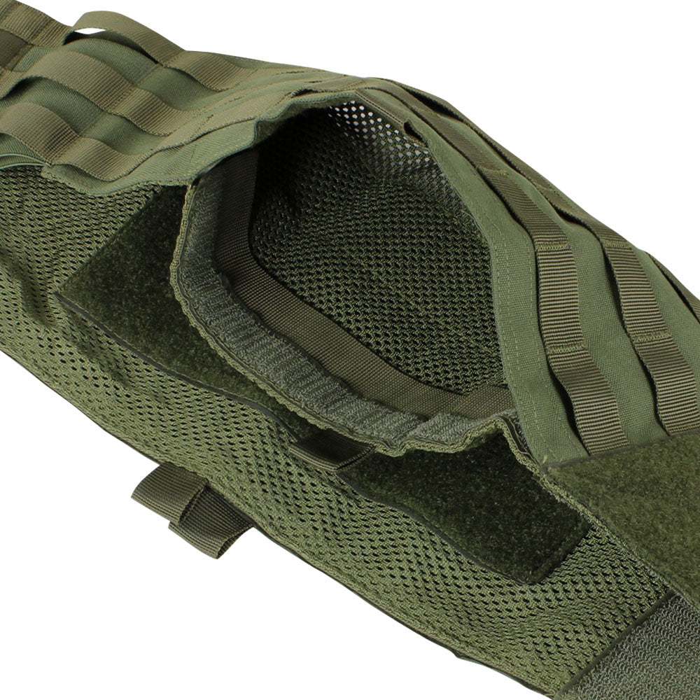 Close-up of the Caliber Armor EXO PLATE CARRIER GEN II in green, featuring a mesh interior, Velcro fastenings, and MOLLE webbing for hard armor plates.