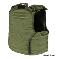 Thumbnail for Caliber Armor EXO PLATE CARRIER GEN II in olive green features webbing, adjustable shoulder straps, side openings for hard armor plates, and a 