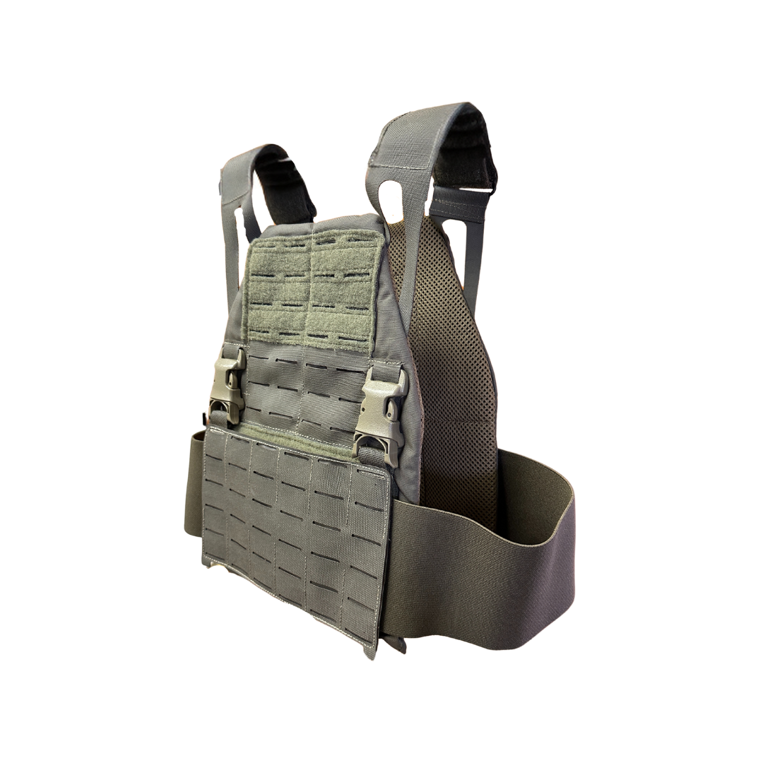 The Caliber Armor Caliber AR550 DV8 - Level III+ Body Armor Package features adjustable shoulder straps, front MOLLE webbing, and quick-release buckles in dark green, shown on a white background.