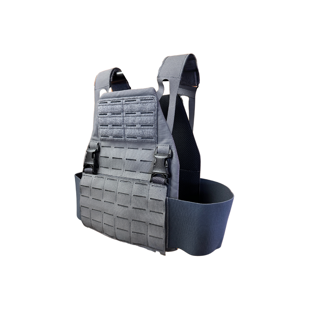 The Caliber Armor DV8 Plate Carrier by Caliber Armor features adjustable shoulder straps and MOLLE webbing, fits SAPI cut plates, and is shown in gray against a white background.