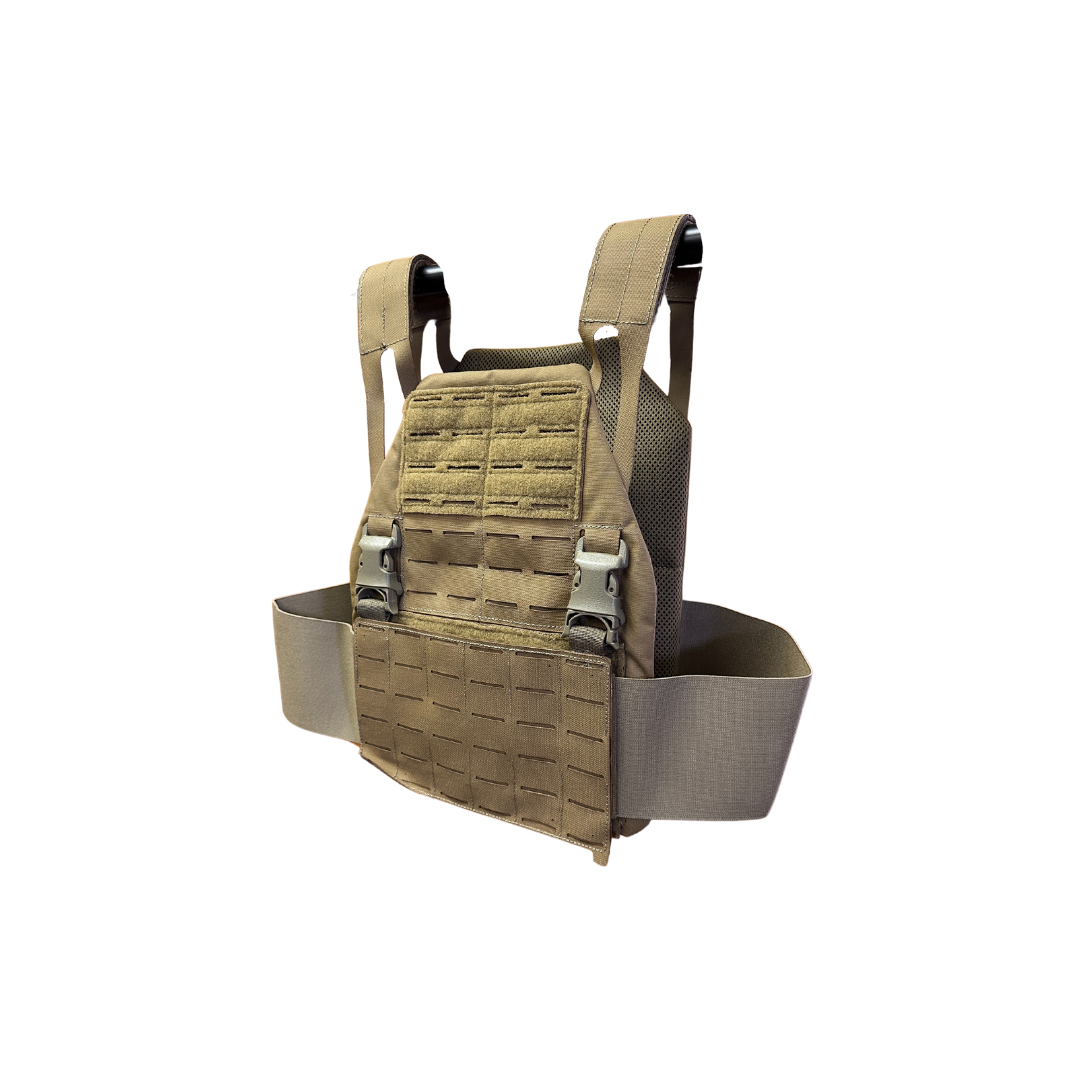 The Caliber Armor AR550 DV8 Level III+ Body Armor Package features a tan plate carrier vest with adjustable shoulder straps and MOLLE webbing, shown on a white background.