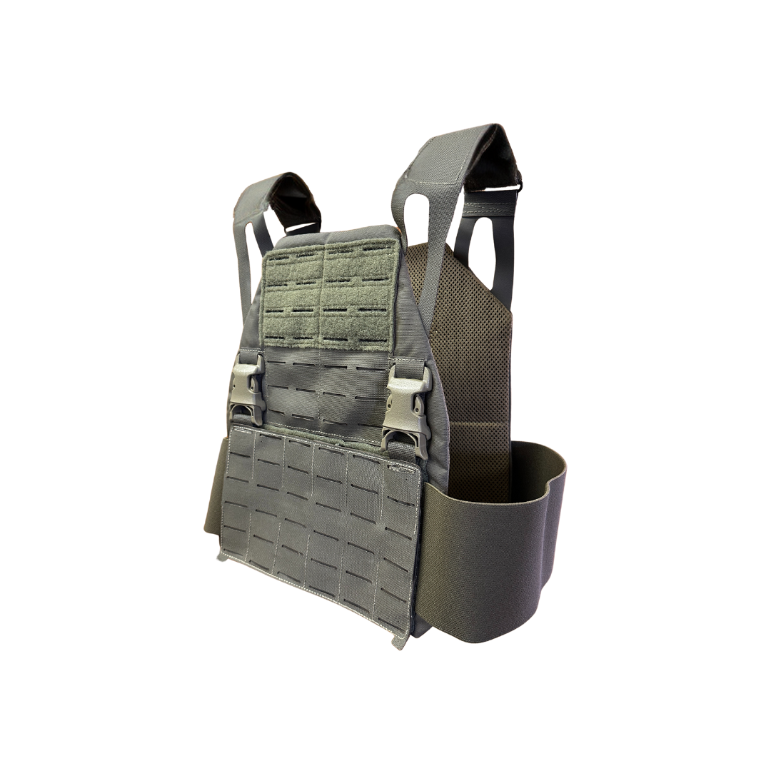 The Caliber Armor DV8 Plate Carrier by Caliber Armor is a gray vest with adjustable straps, MOLLE webbing, and hook-and-loop panels, designed to hold SAPI cut or body armor plates and shown on a white background.