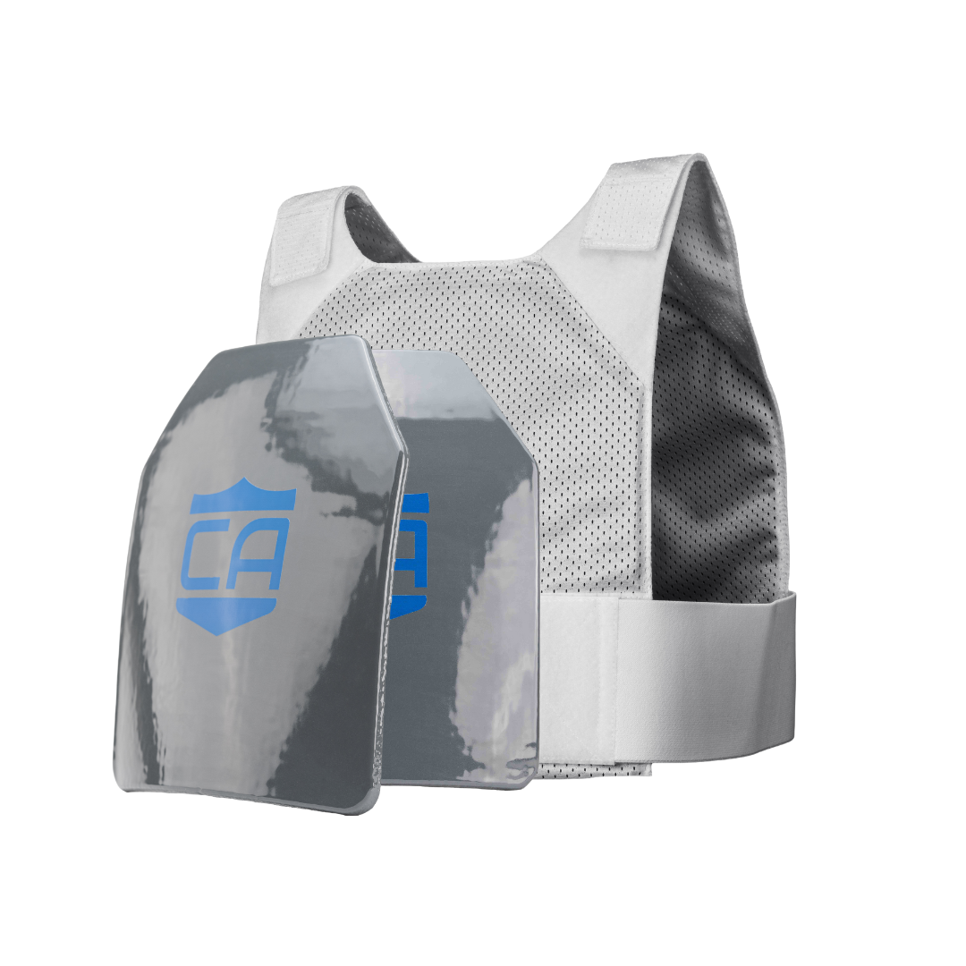 The Caliber Armor CaliberHX IIIA Hard Armor Gray Man Concealable Package features lightweight panels and two metallic ballistic plates with a blue "CA" shield logo, displayed against a plain background.