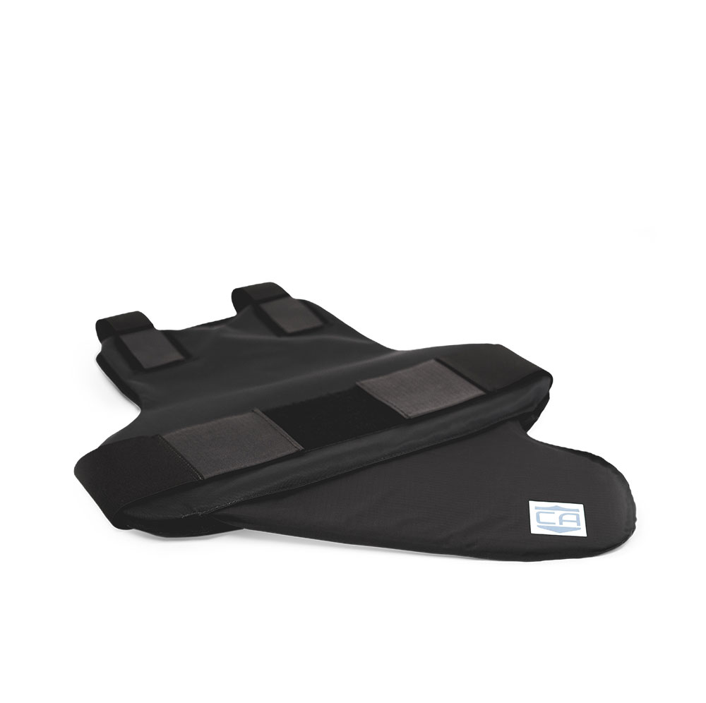 The Caliber Armor CaliberX IIIA Covert Body Armor Concealable Vest Package is a lightweight black vest with adjustable shoulder straps and Velcro fastenings, offering NIJ Level IIIA protection in a covert design.