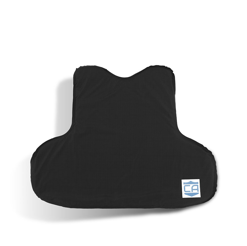 The Caliber Armor CaliberX IIIA Wrap Around Soft Body Armor Panels are black protective pads with a curved top, wide bottom, and a small blue and white logo, providing NIJ Level IIIA ballistic protection. Shown on a white background.
