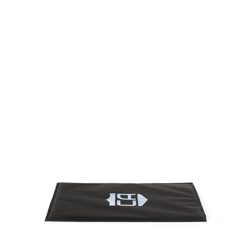 A black rectangular CaliberX IIIA Soft Body Armor Rectangle Panel by Caliber Armor, featuring a white geometric logo at the center—perfect for use with CaliberX™ vests or as a standalone soft ballistic protection solution.
