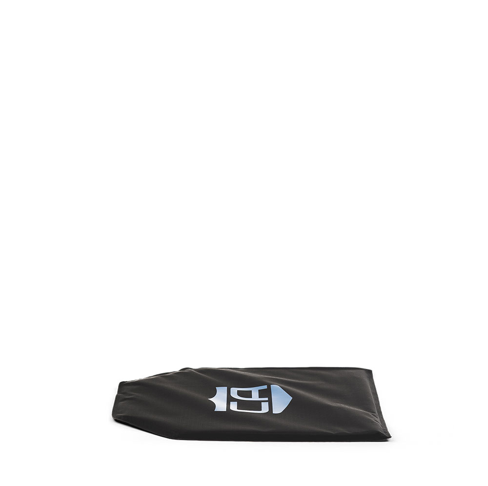 A black Caliber Armor drawstring pouch with a white graphic holds your CaliberX IIIA Soft Body Armor Panel or small armor essentials, shown lying flat on a white background.