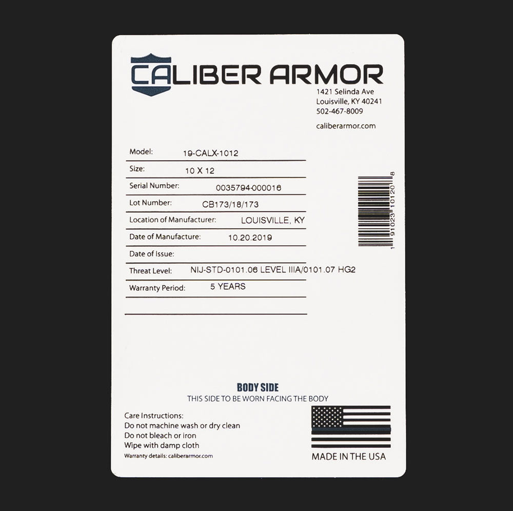 A white label from Caliber Armor’s CaliberX IIIA Gray Man Concealable Package displays specs, serial and lot numbers, warranty info, and care instructions—made in the USA for use with your concealable carrier.