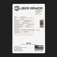 Thumbnail for A white label from Caliber Armor’s CaliberX IIIA Gray Man Concealable Package displays specs, serial and lot numbers, warranty info, and care instructions—made in the USA for use with your concealable carrier.