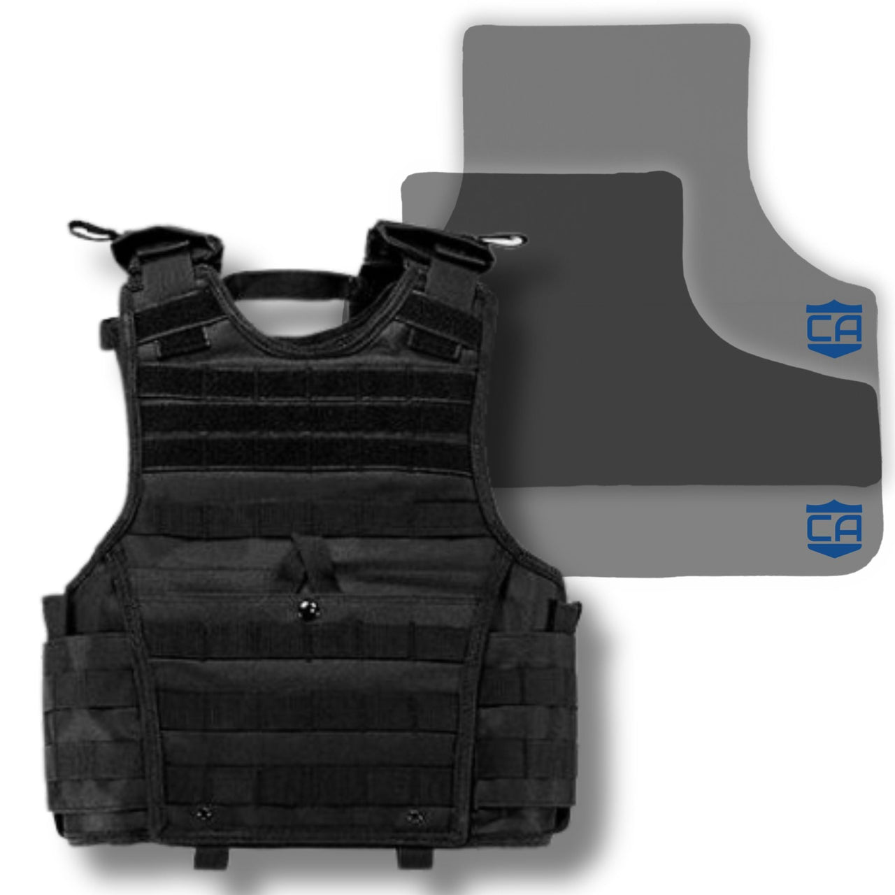 The CaliberX IIIA Package with Overt Body Armor Vest by Caliber Armor is shown in black with a gray Level IIIA plate, both displaying blue logos on the lower right corner.