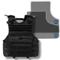 Thumbnail for The CaliberX IIIA Package with Overt Body Armor Vest by Caliber Armor is shown in black with a gray Level IIIA plate, both displaying blue logos on the lower right corner.