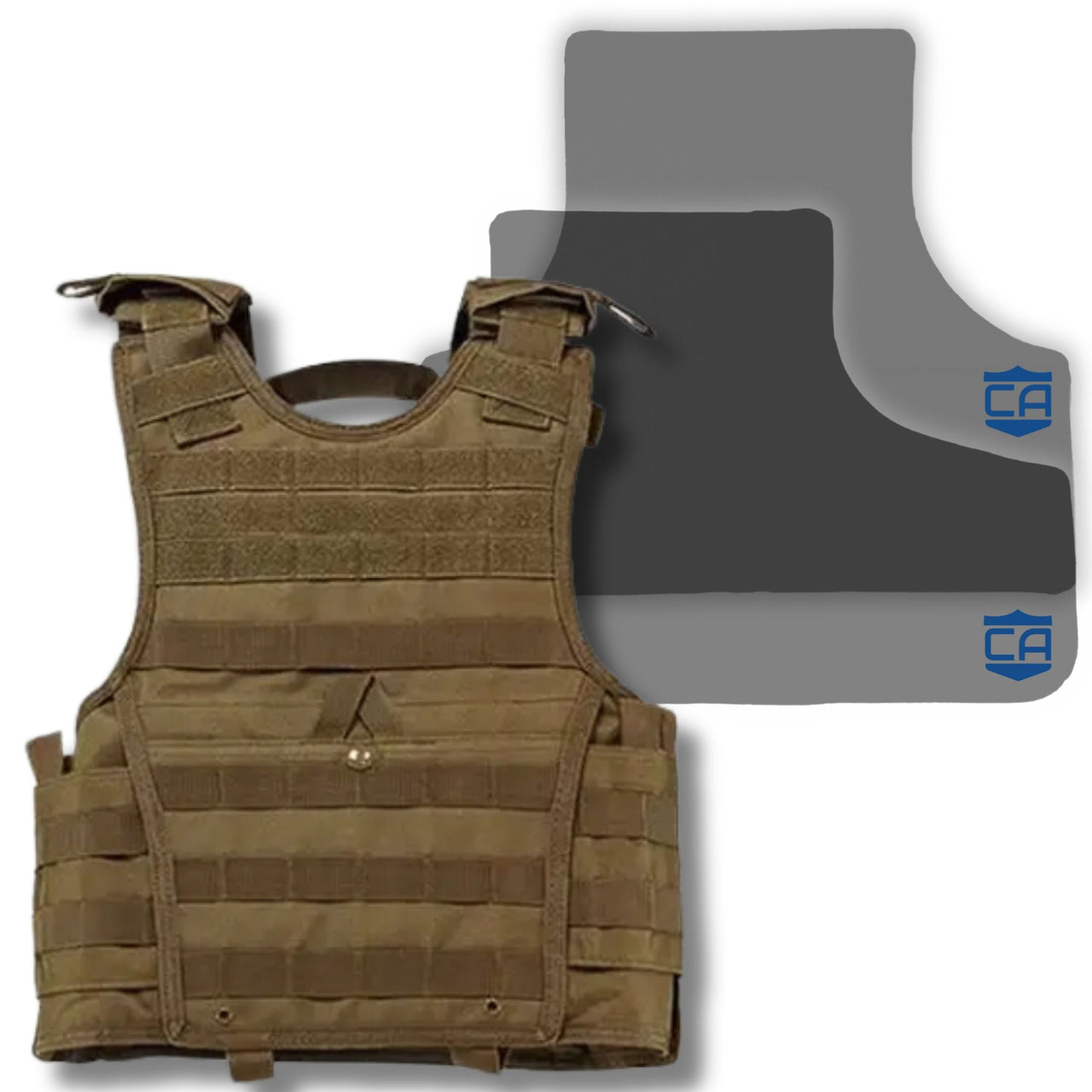 The Caliber Armor CaliberX IIIA Package features an overt tan body armor vest displayed in front of a gray and black Level IIIA ballistic plate with a blue shield logo.
