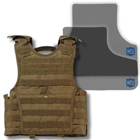 Thumbnail for The Caliber Armor CaliberX IIIA Package features an overt tan body armor vest displayed in front of a gray and black Level IIIA ballistic plate with a blue shield logo.
