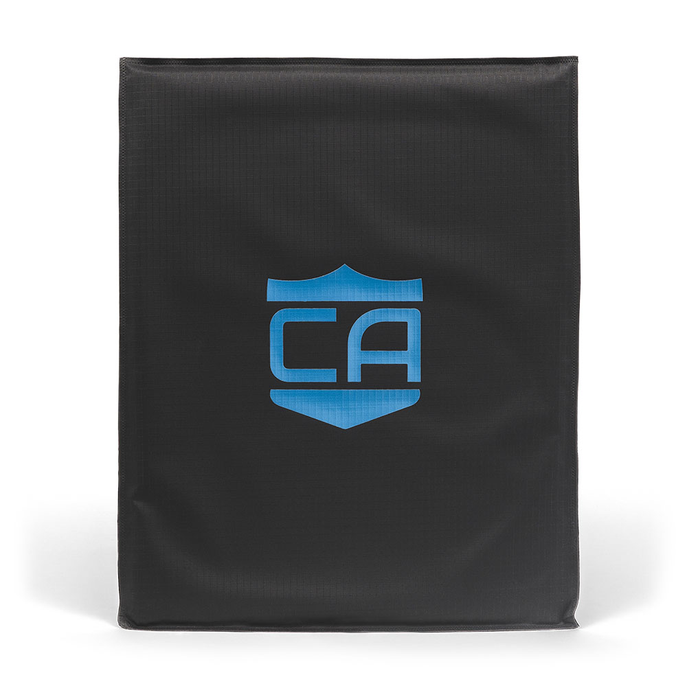 The CaliberX IIIA Soft Body Armor Rectangle Panel by Caliber Armor is a black cover featuring a blue "CA" shield logo on the front, designed for soft ballistic protection and shown against a white background.