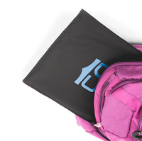 Thumbnail for A Caliber Armor CaliberX IIIA Soft Body Armor Rectangle Panel, black with blue print and resembling ballistics gear, is partially placed inside a pink backpack on a white background.