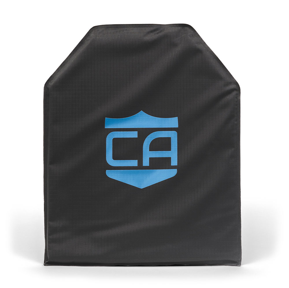The CaliberX IIIA Soft Body Armor Panel by Caliber Armor is a black rectangular ballistic plate with angled top corners and a blue "CA" shield logo, offering versatile IIIA protection as soft body armor or backpack armor.