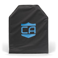 Thumbnail for The CaliberX IIIA Soft Body Armor Panel by Caliber Armor is a black rectangular ballistic plate with angled top corners and a blue 