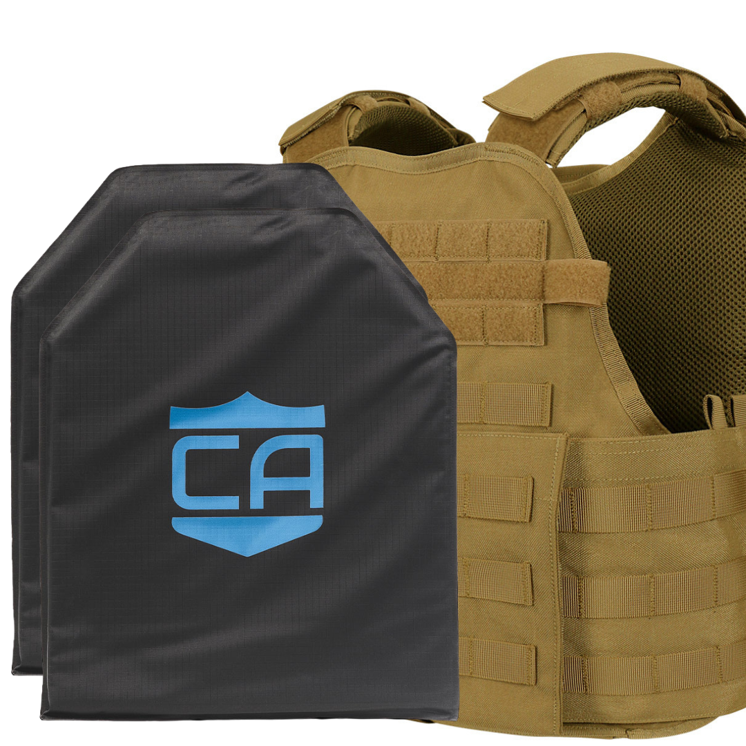 The Caliber Armor CaliberX IIIA/HG2 Active Response Package includes a tan MOPC Carrier vest and two black body armor plates with a blue shield "CA" logo, delivering reliable, lightweight protection.