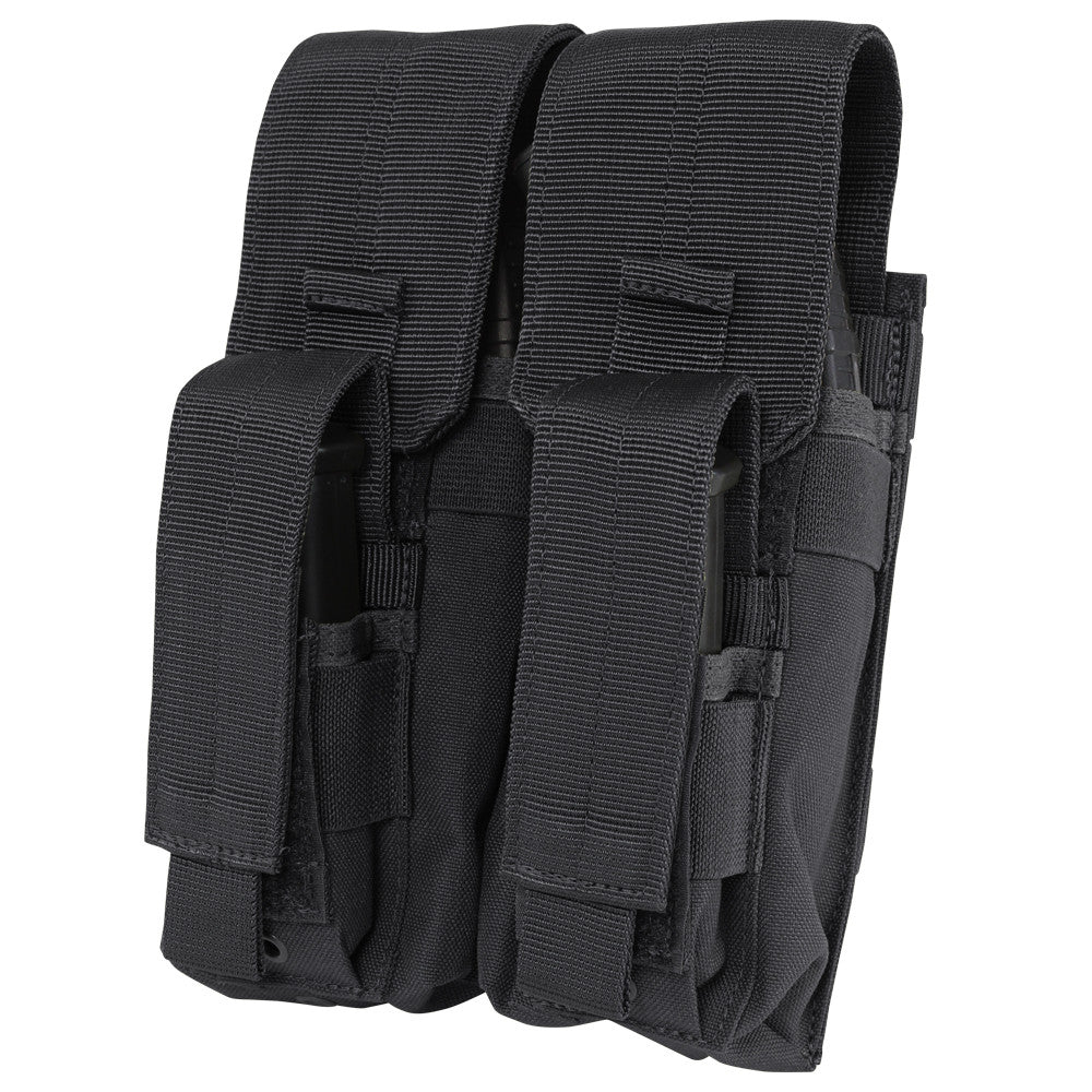 The Caliber Armor Double AK Kangaroo Mag Pouch is a black, durable fabric pouch with two compartments and flap closures. MOLLE compatible, it’s ideal for carrying magazines or similar gear.