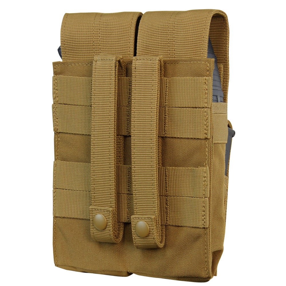 The Caliber Armor Double AK Kangaroo Mag Pouch is a tan, MOLLE-compatible tactical pouch with two compartments, MOLLE webbing, and snap-button straps on the back for easy gear attachment.