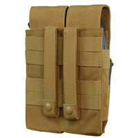 Thumbnail for The Caliber Armor Double AK Kangaroo Mag Pouch is a tan, MOLLE-compatible tactical pouch with two compartments, MOLLE webbing, and snap-button straps on the back for easy gear attachment.