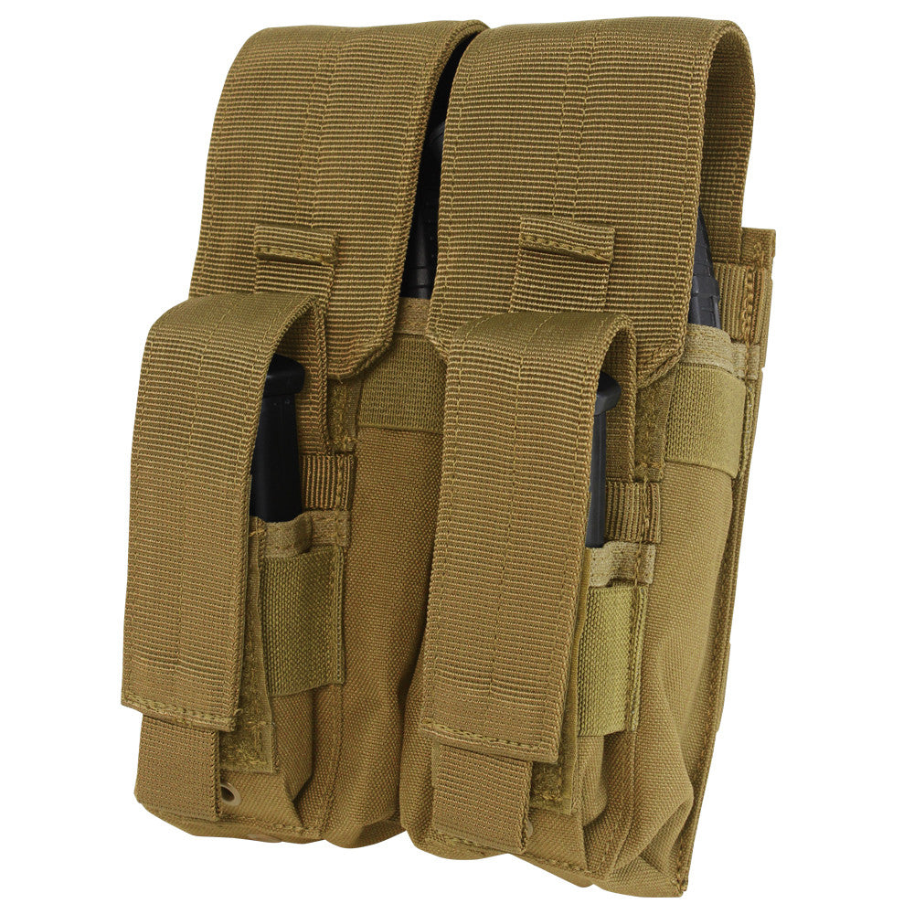 The Caliber Armor Double AK Kangaroo Mag Pouch is a tan nylon MOLLE-compatible pouch with two compartments and hook-and-loop flap closures, perfect for organizing and accessing your magazines.