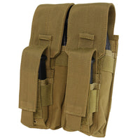 Thumbnail for The Caliber Armor Double AK Kangaroo Mag Pouch is a tan nylon MOLLE-compatible pouch with two compartments and hook-and-loop flap closures, perfect for organizing and accessing your magazines.