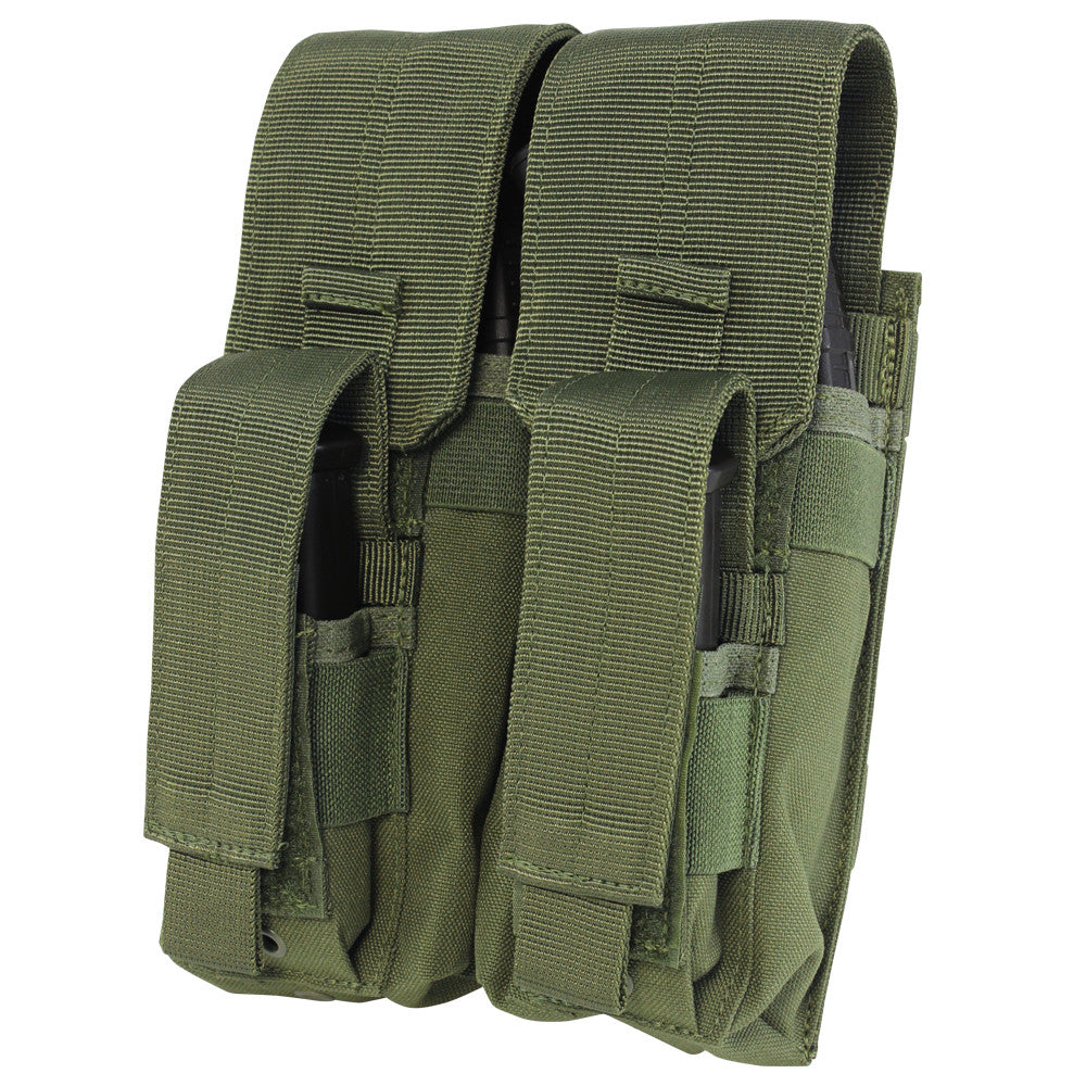 Two green Caliber Armor Double AK Kangaroo Mag Pouches, MOLLE compatible with flap covers and hook-and-loop closures, designed for carrying magazines or small gear.