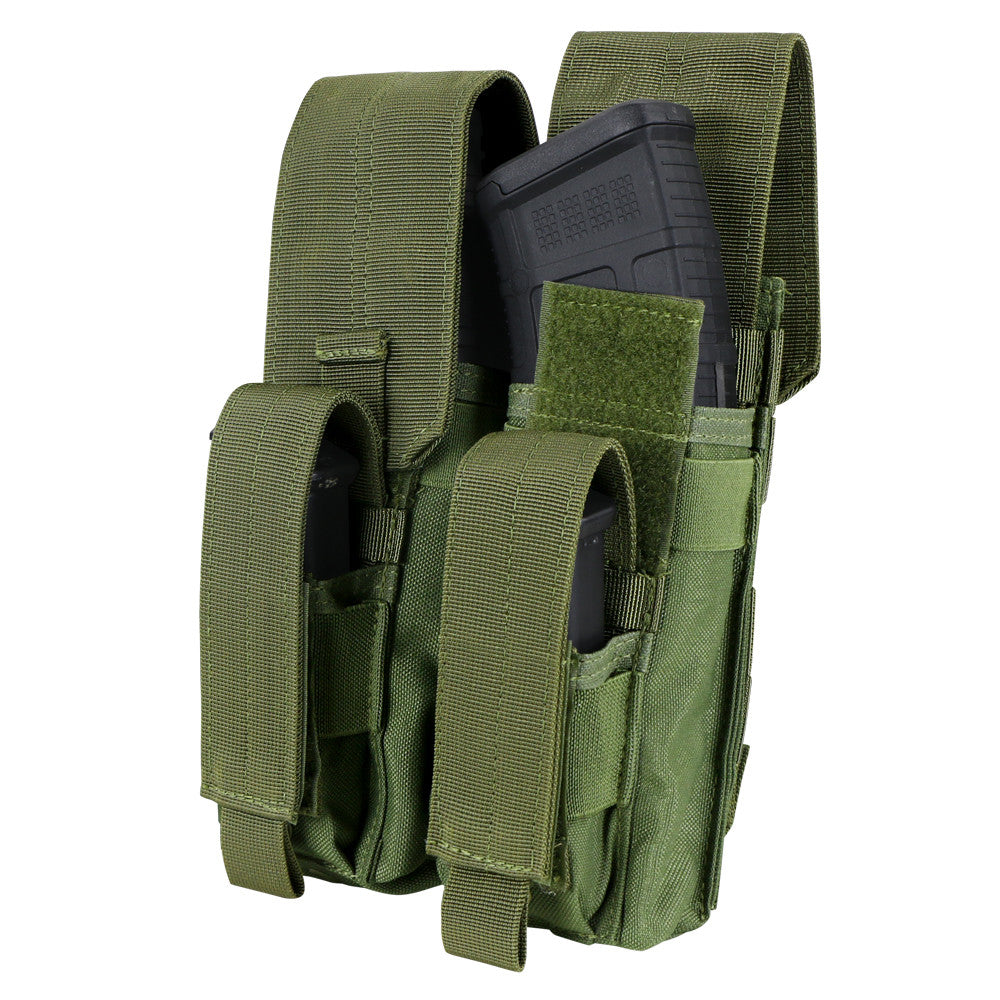 The Caliber Armor Double AK Kangaroo Mag Pouch securely holds two black rifle magazines in green tactical nylon pouches with Velcro-secured flaps. MOLLE compatible, it’s perfect for carrying spare mags on your gear.