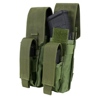 Thumbnail for The Caliber Armor Double AK Kangaroo Mag Pouch securely holds two black rifle magazines in green tactical nylon pouches with Velcro-secured flaps. MOLLE compatible, it’s perfect for carrying spare mags on your gear.
