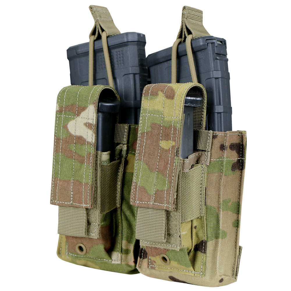 The Caliber Armor Double Kangaroo Mag Pouch | GEN II, MOLLE compatible, holds two black AR/M4 mags with secure Velcro straps, displayed on a white background.