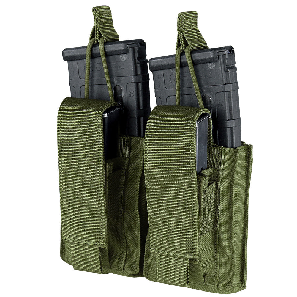 The Caliber Armor Double Kangaroo Mag Pouch | GEN II in olive green holds two black rifle magazines, featuring hook-and-loop flap closures and MOLLE compatible straps for secure attachment to your gear.