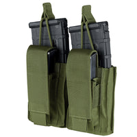 Thumbnail for The Caliber Armor Double Kangaroo Mag Pouch | GEN II in olive green holds two black rifle magazines, featuring hook-and-loop flap closures and MOLLE compatible straps for secure attachment to your gear.