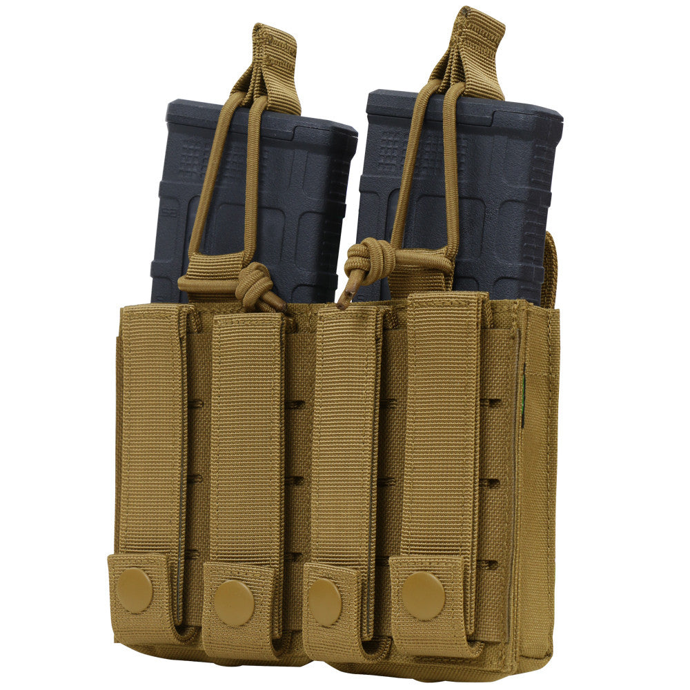The Caliber Armor Double Kangaroo Mag Pouch | GEN II in tan is MOLLE compatible and securely holds two black rifle magazines with retention straps and snap button closures.