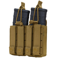 Thumbnail for The Caliber Armor Double Kangaroo Mag Pouch | GEN II in tan is MOLLE compatible and securely holds two black rifle magazines with retention straps and snap button closures.