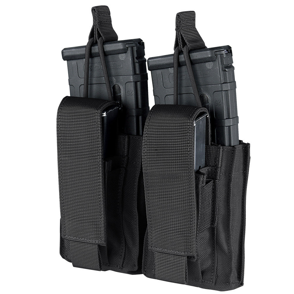 The Caliber Armor Double Kangaroo Mag Pouch | GEN II holds two rifle magazines with secure flap and Velcro closures, is made from durable fabric, and features MOLLE compatibility for easy gear attachment.
