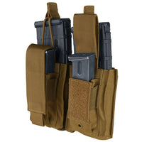 Thumbnail for The Caliber Armor Double Kangaroo Mag Pouch | GEN II in tan holds two rifle mags and one pistol mag, features flap closures, hook-and-loop fasteners, and is MOLLE compatible for secure attachment.