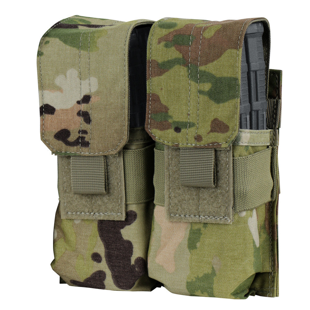 The Caliber Armor Double M4 Mag Pouch is MOLLE compatible, made from camouflage fabric, and features two flap-and-Velcro secured pockets for AR/M4 magazines.