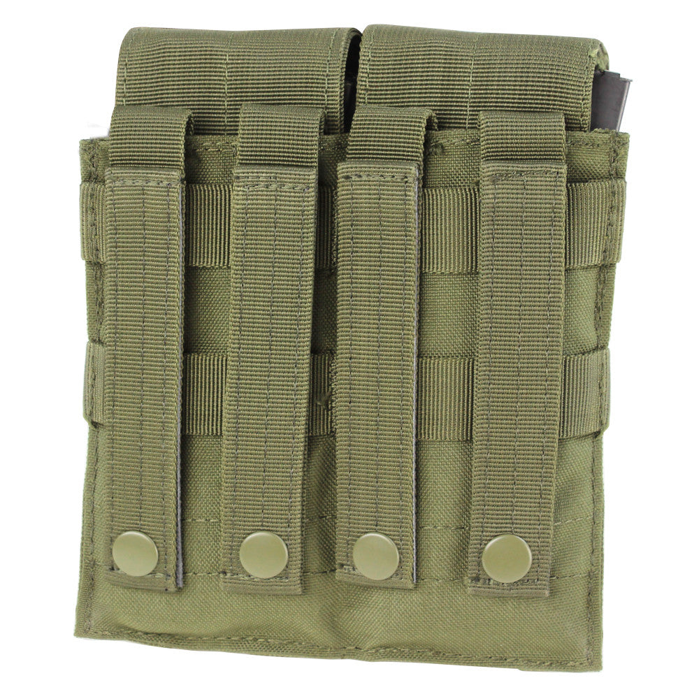 The Caliber Armor Double M4 Mag Pouch in olive green features dual compartments and MOLLE compatibility, making it ideal for AR/M4 mags. Secure snap-backed straps ensure easy attachment to your gear.