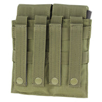 Thumbnail for The Caliber Armor Double M4 Mag Pouch in olive green features dual compartments and MOLLE compatibility, making it ideal for AR/M4 mags. Secure snap-backed straps ensure easy attachment to your gear.