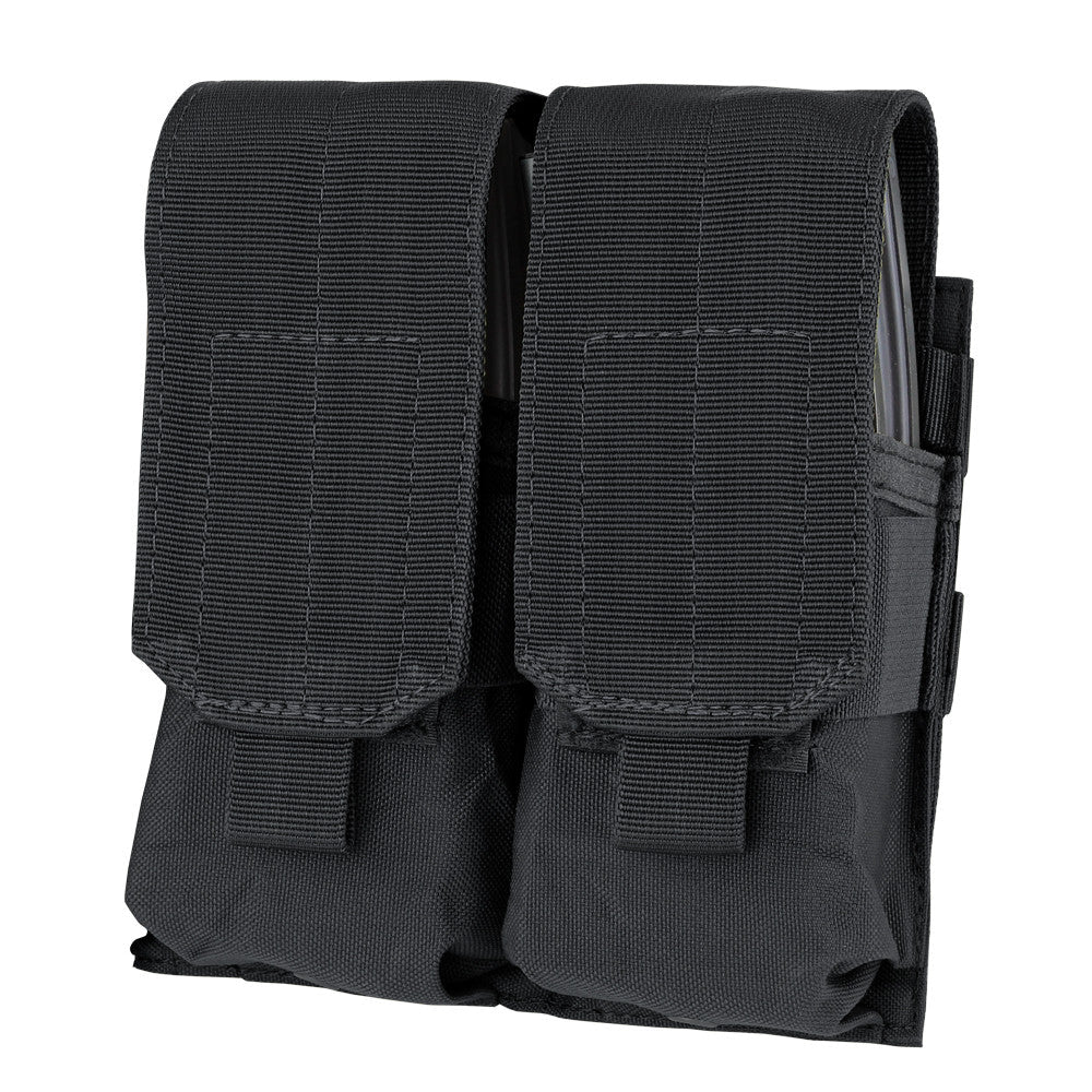 The Caliber Armor Double M4 Mag Pouch is a black, durable fabric pouch with two compartments, flap covers, and hook-and-loop closures. This MOLLE-compatible design securely holds AR/M4 magazines for quick access and reliable storage.