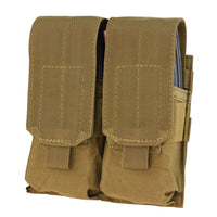 Thumbnail for The Caliber Armor Double M4 Mag Pouch is a tan, durable fabric pouch with flap covers that securely holds two AR/M4 mags side by side. MOLLE compatible for easy attachment to your tactical gear.