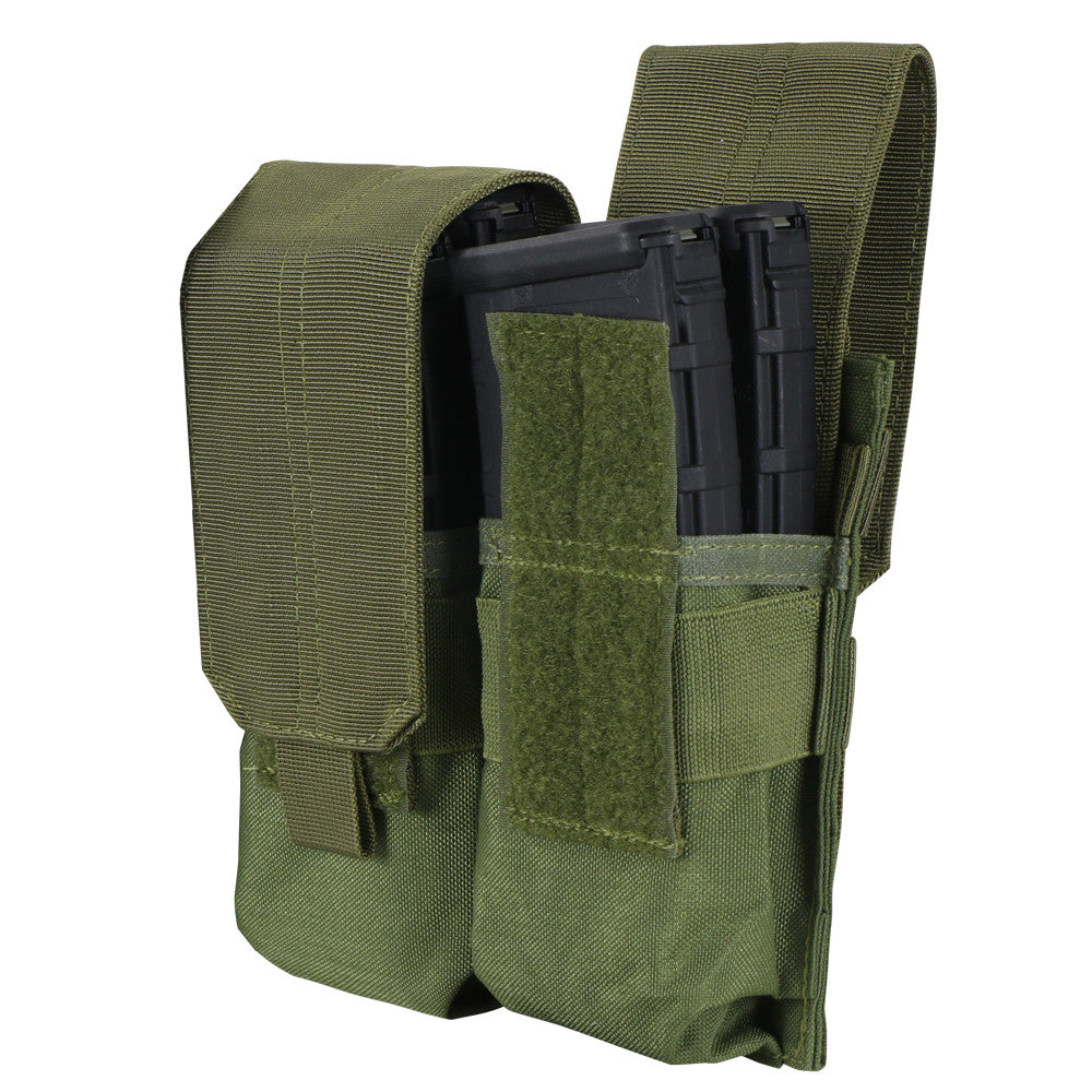 The Caliber Armor Double M4 Mag Pouch is a green fabric MOLLE pouch holding two black AR/M4 magazines, secured by Velcro flaps.