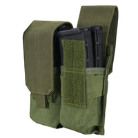 Thumbnail for The Caliber Armor Double M4 Mag Pouch is a green fabric MOLLE pouch holding two black AR/M4 magazines, secured by Velcro flaps.