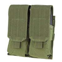 Thumbnail for The Caliber Armor Double M4 Mag Pouch is a green, MOLLE-compatible pouch with two compartments and Velcro flaps, made from durable fabric for secure AR/M4 magazine storage.