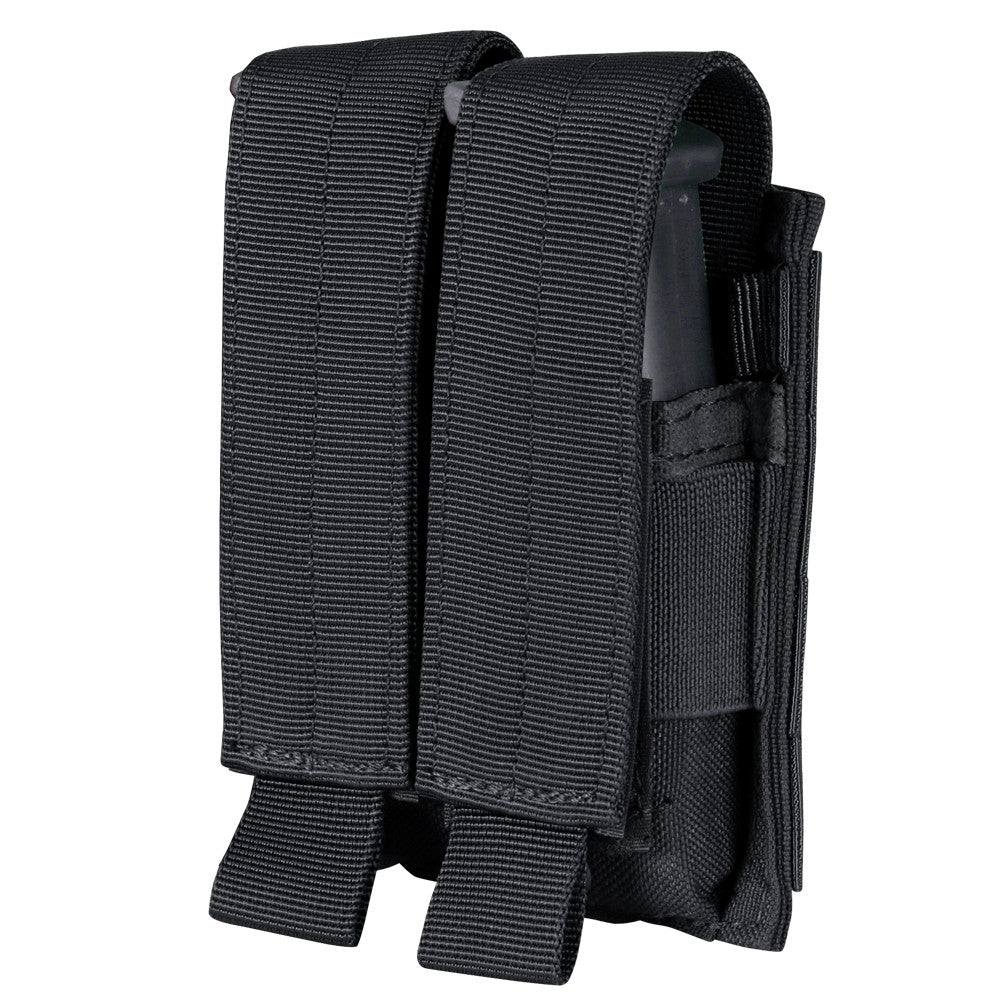 The Caliber Armor Double Pistol Mag Pouch is a black nylon pouch with two adjustable flap covers, hook-and-loop closures, and a MOLLE compatible backing for versatile carry.