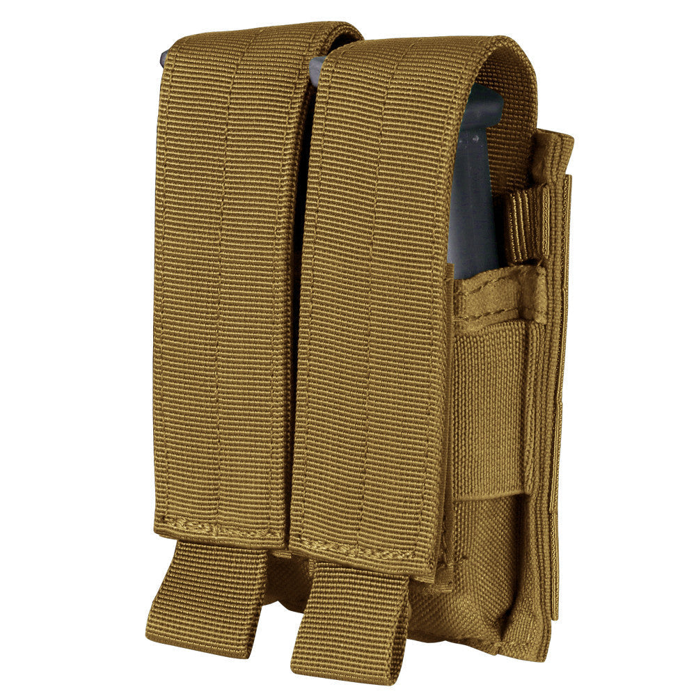 The Caliber Armor Double Pistol Mag Pouch is a tan, durable fabric pouch with two slots and adjustable flaps for securing magazines. MOLLE compatible, it easily attaches to tactical gear.